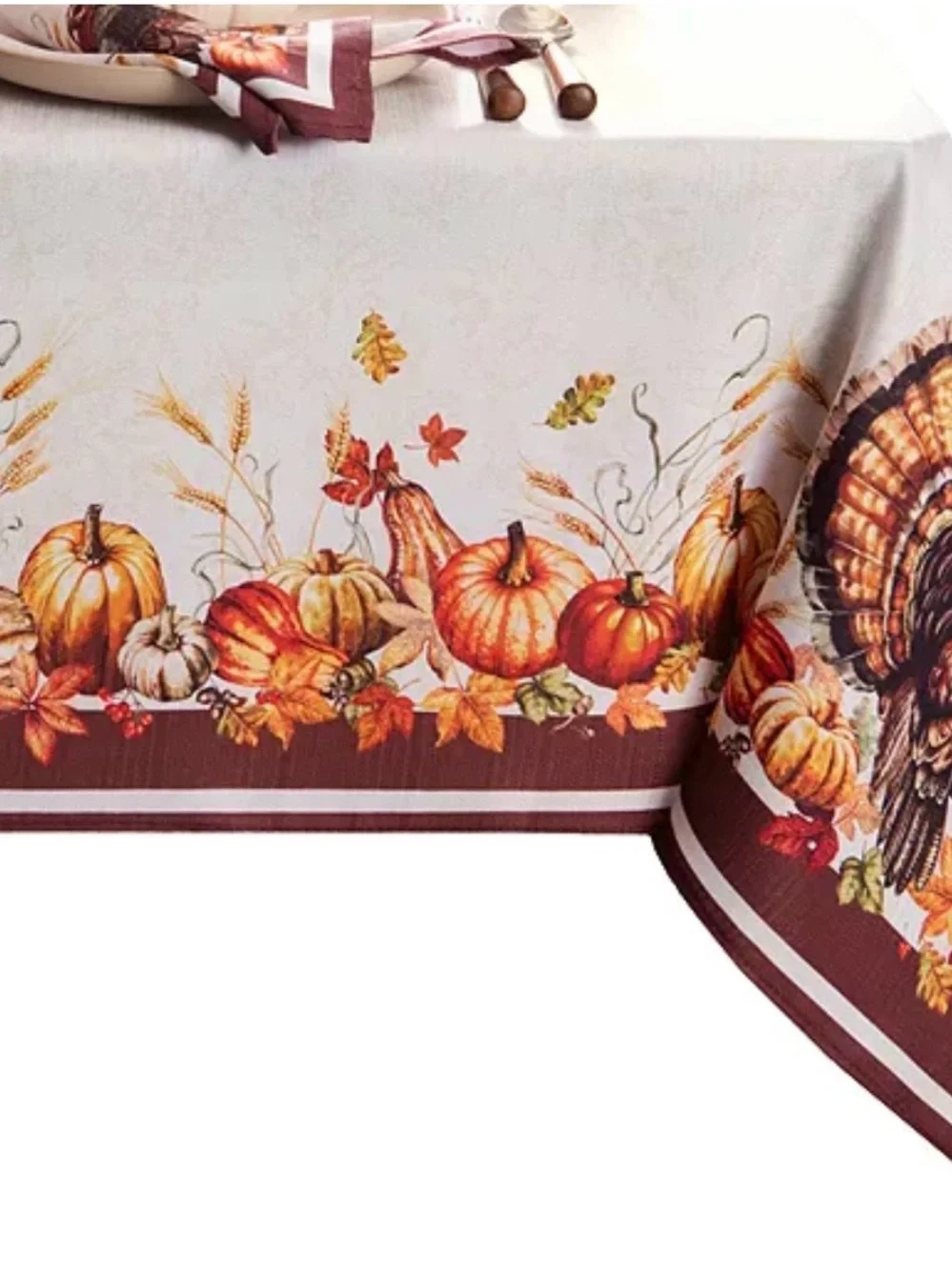 Fall Harvest Thanksgiving Tablecloth - White with Orange Accent